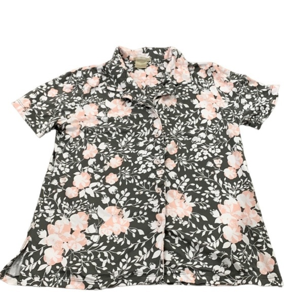 Ink+Ivy Shirt Short Sleeve Button Up Top Gray White‎ & Pink Floral Print Large